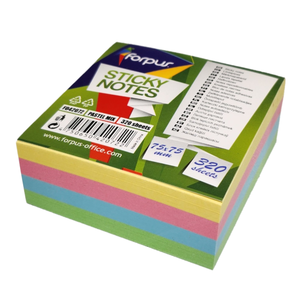 Lipnūs lapeliai Forpus, 75x75mm, 4-ių pastelinių spalvų miksas, kubas (1x320)